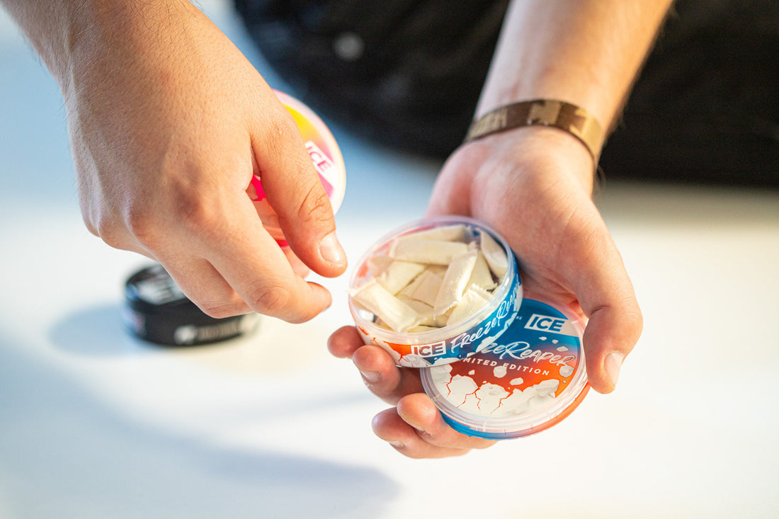 A can of ICE nicotine pouches open